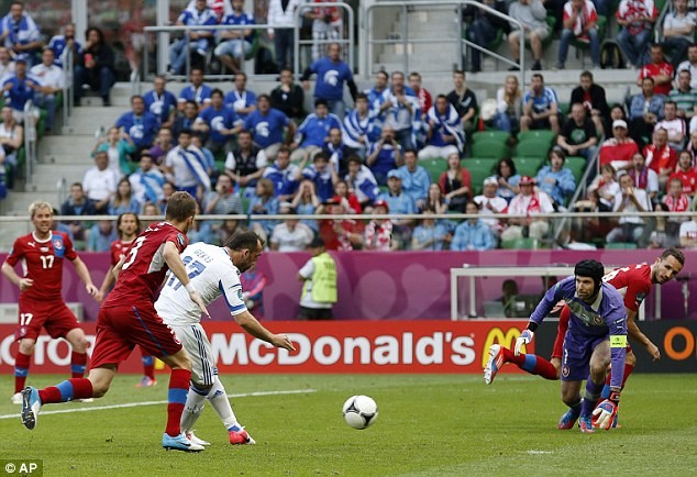 Fanis Gekas dễ dàng đưa bóng vào lưới sau sai sót của Cech.